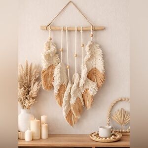Handmade Boho Macrame Feather Wall Hanging | Neutral Fiber Art Decor